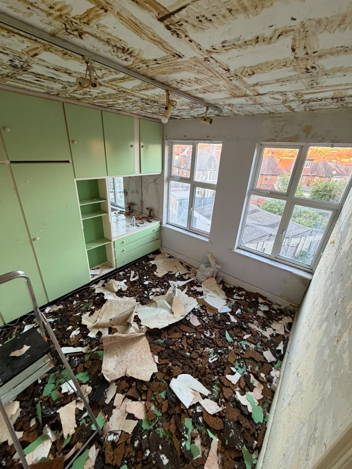 Hampden Square before works: damaged kitchen ceiling